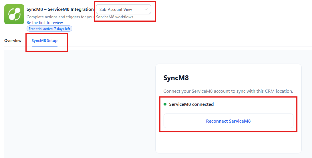 Sub-account setup: switch to Sub-Account View, open the SyncM8 Setup tab, then Connect ServiceM8